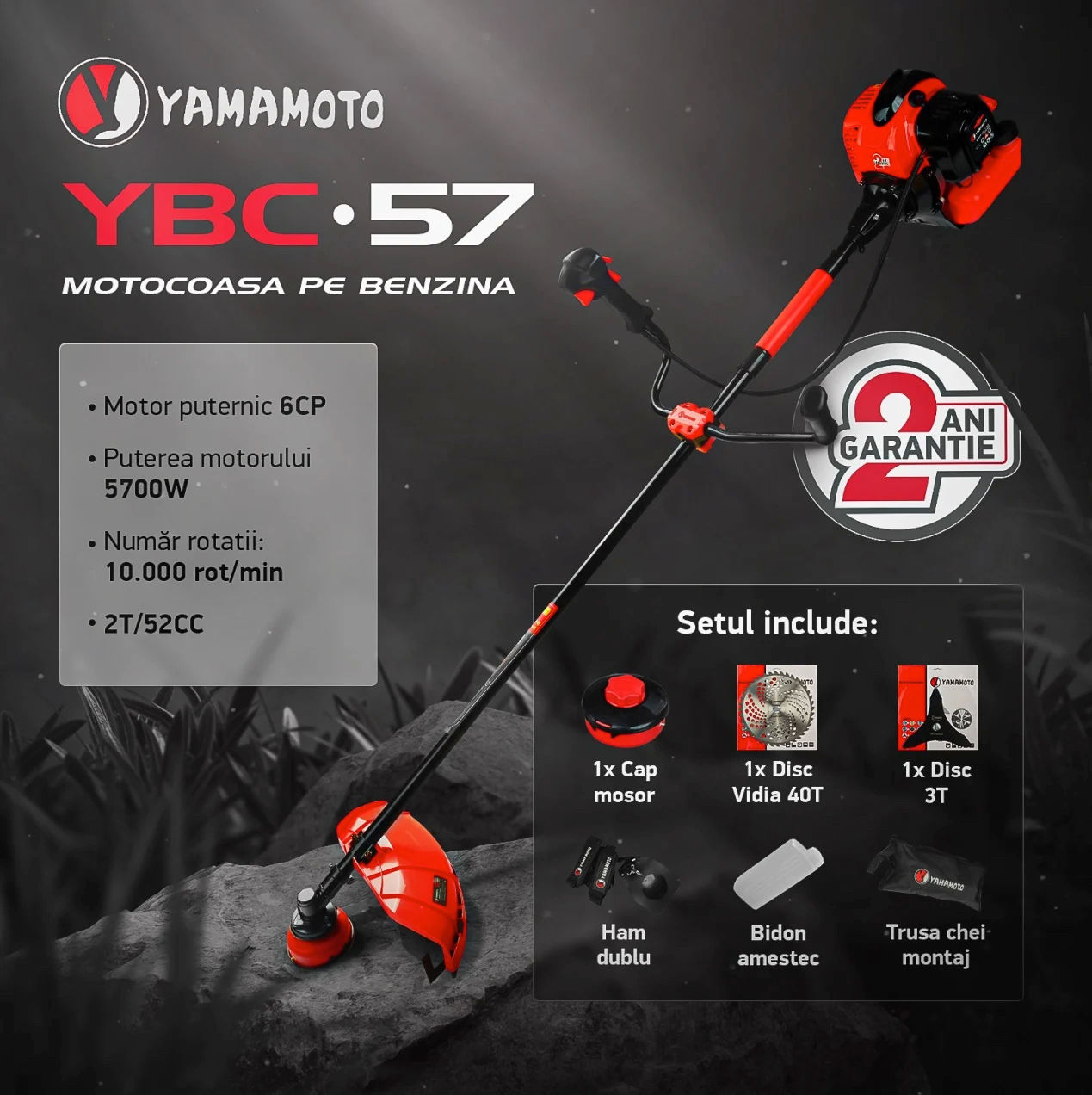 Motocoasa pe benzina, Yamamoto YBC-57, 2 timpi, 6 CP, 52 CC